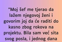 “Sef me tjerao da lazem njegovoj zeni da ostaje duze na poslu, a onda jedan dan sam se slomila…” “Sef me tjerao da lazem njegovoj zeni da ostaje duze na poslu, a onda jedan dan sam se slomila…” - featured image